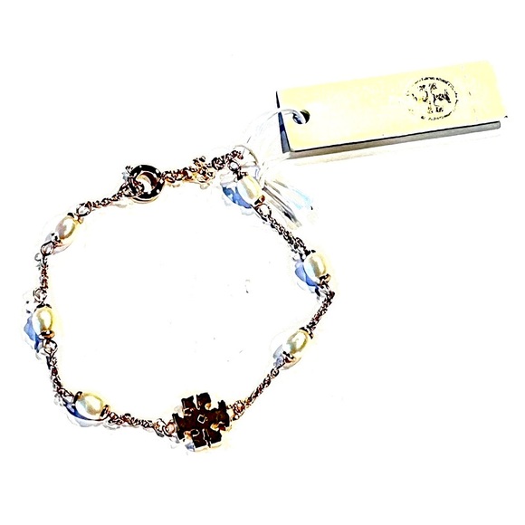 Tory Burch NWT Rose Gold Pearl 
& Pave CZ T-logo Bracelet - Picture 4 of 8
